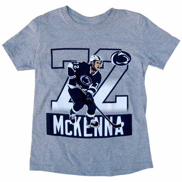 youth heather gray short sleeve t-shirt with 72 McKenna, likeness, and Penn State Athletic Logo